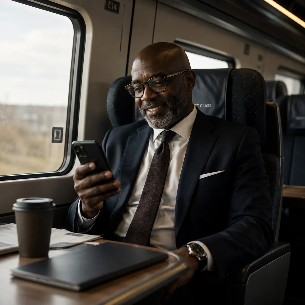 Patent attorney reading his phone on the morning train
